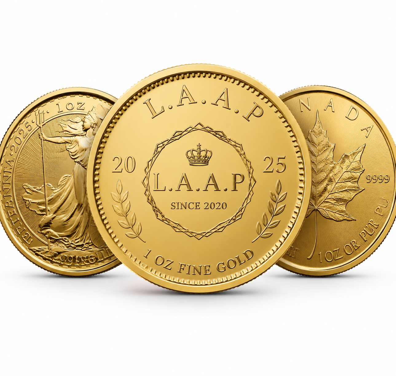 Gold coins Krugerrand, Britannia and Maple Leaf – classic bullion coins in fine gold.